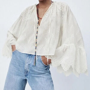 ZARA OPENWORK EMBROIDERY BELL SLEEVE SHIRT